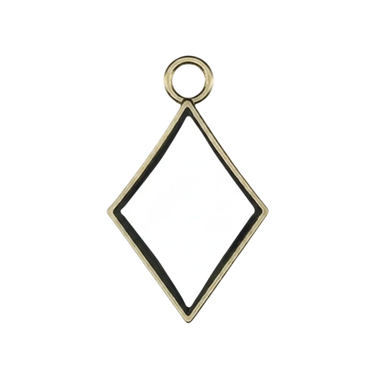 Close-up of a gold open diamond outline charm on a black background.