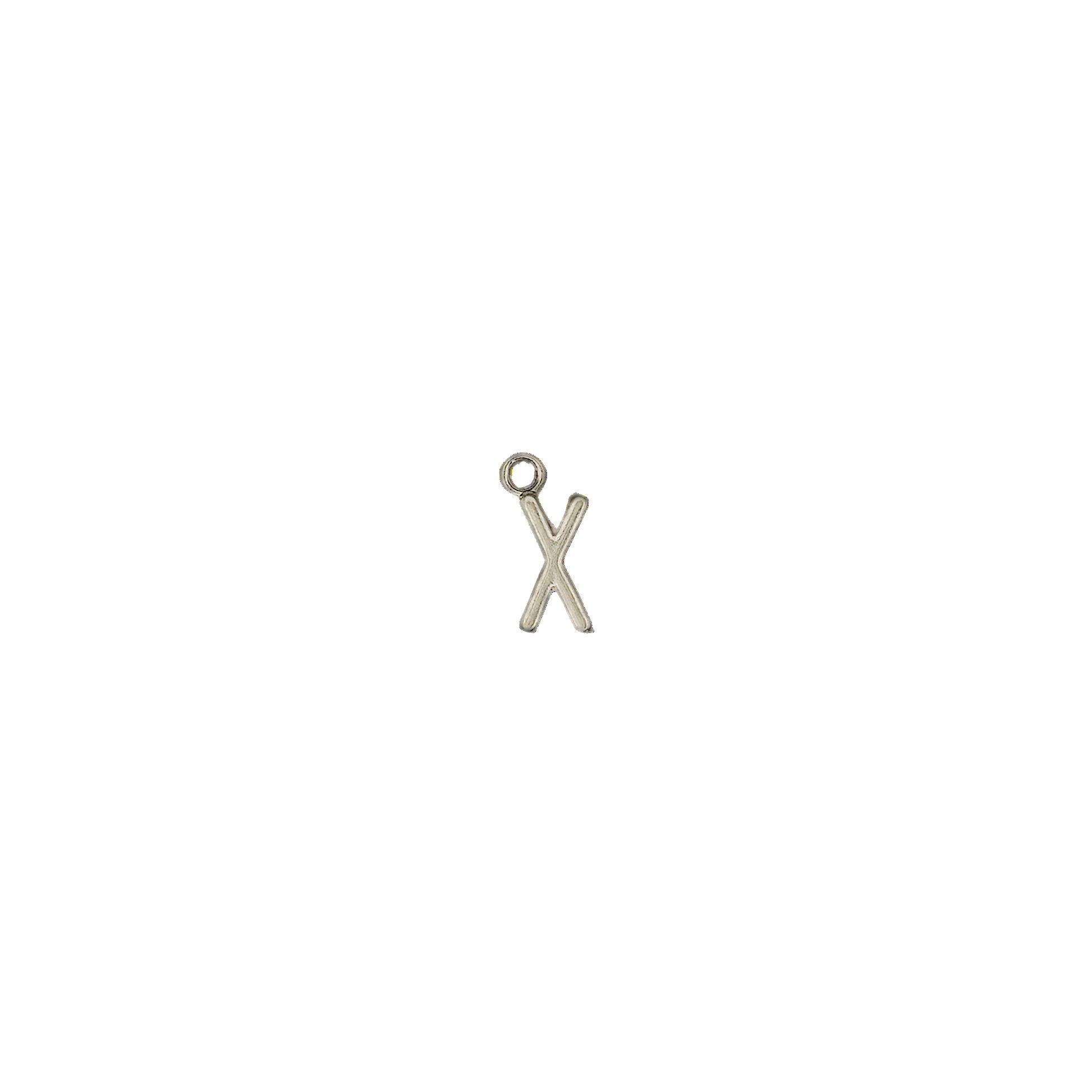small silver letter X charm centered on black background