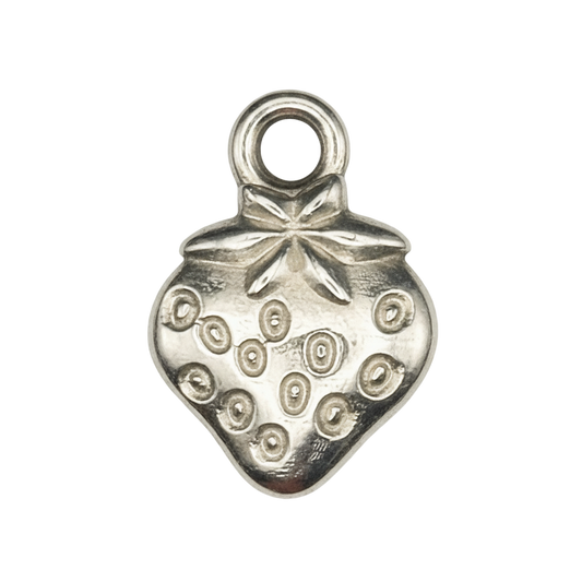 close-up of silver strawberry charm with engraved seeds on black background