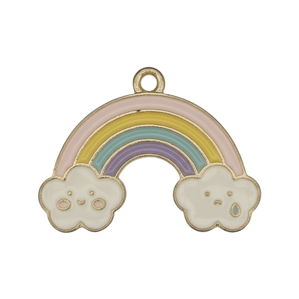 close-up of pastel rainbow charm with two white clouds on a black background