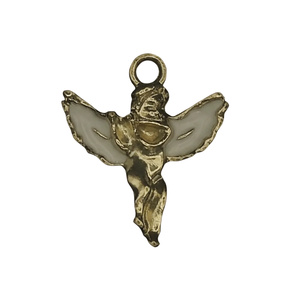 close-up of small gold angel charm with white wings on black background
