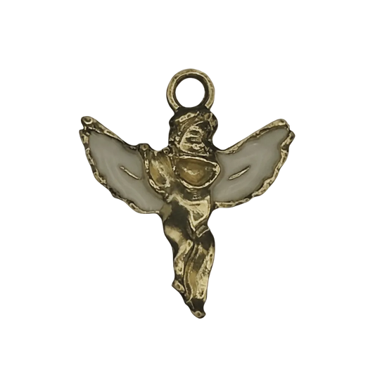 close-up of small gold angel charm with white wings on black background
