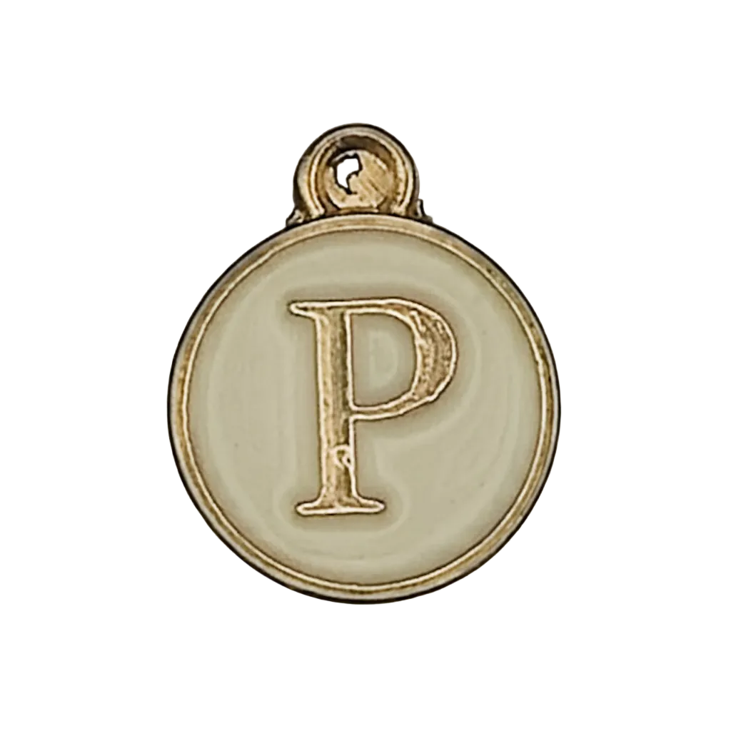 Close-up of round gold-tone charm with letter P on cream enamel.