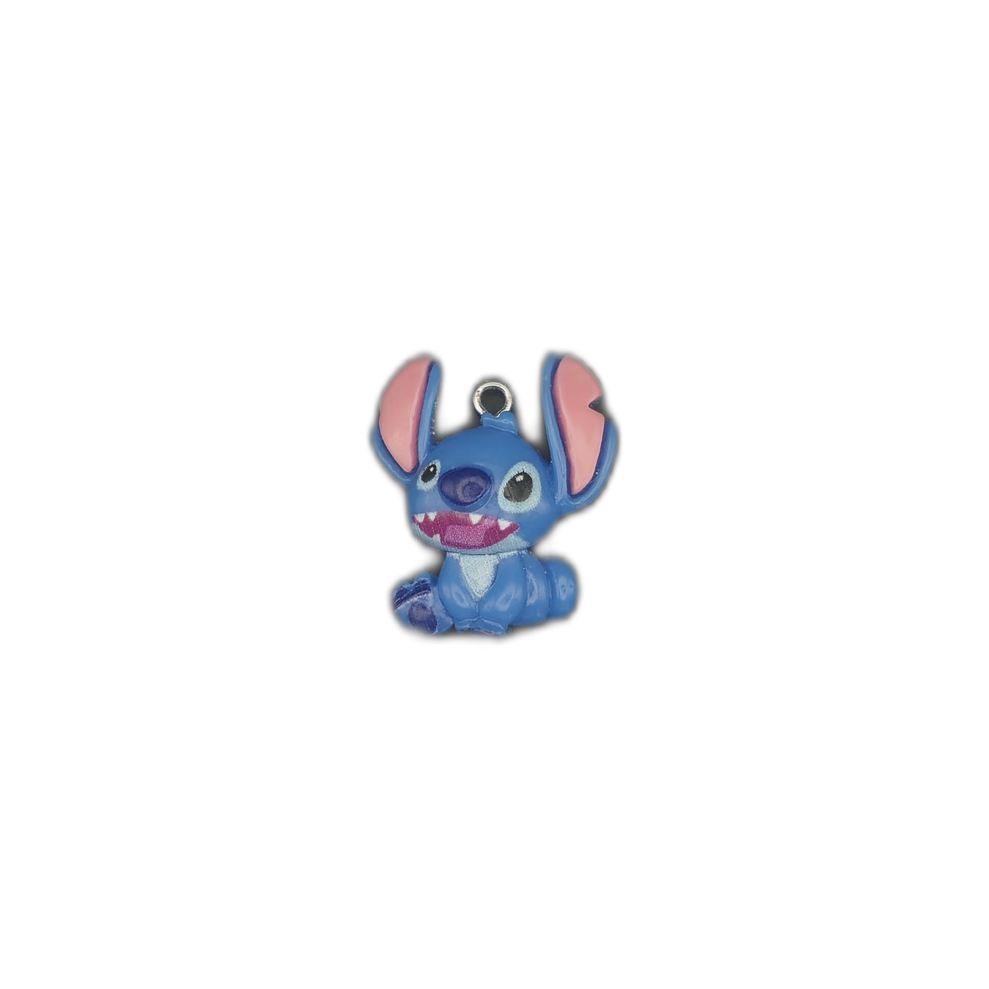 small blue alien character enamel charm centered on black background