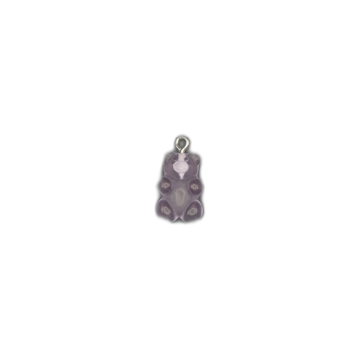 front view of purple gummy bear charm centered on black background