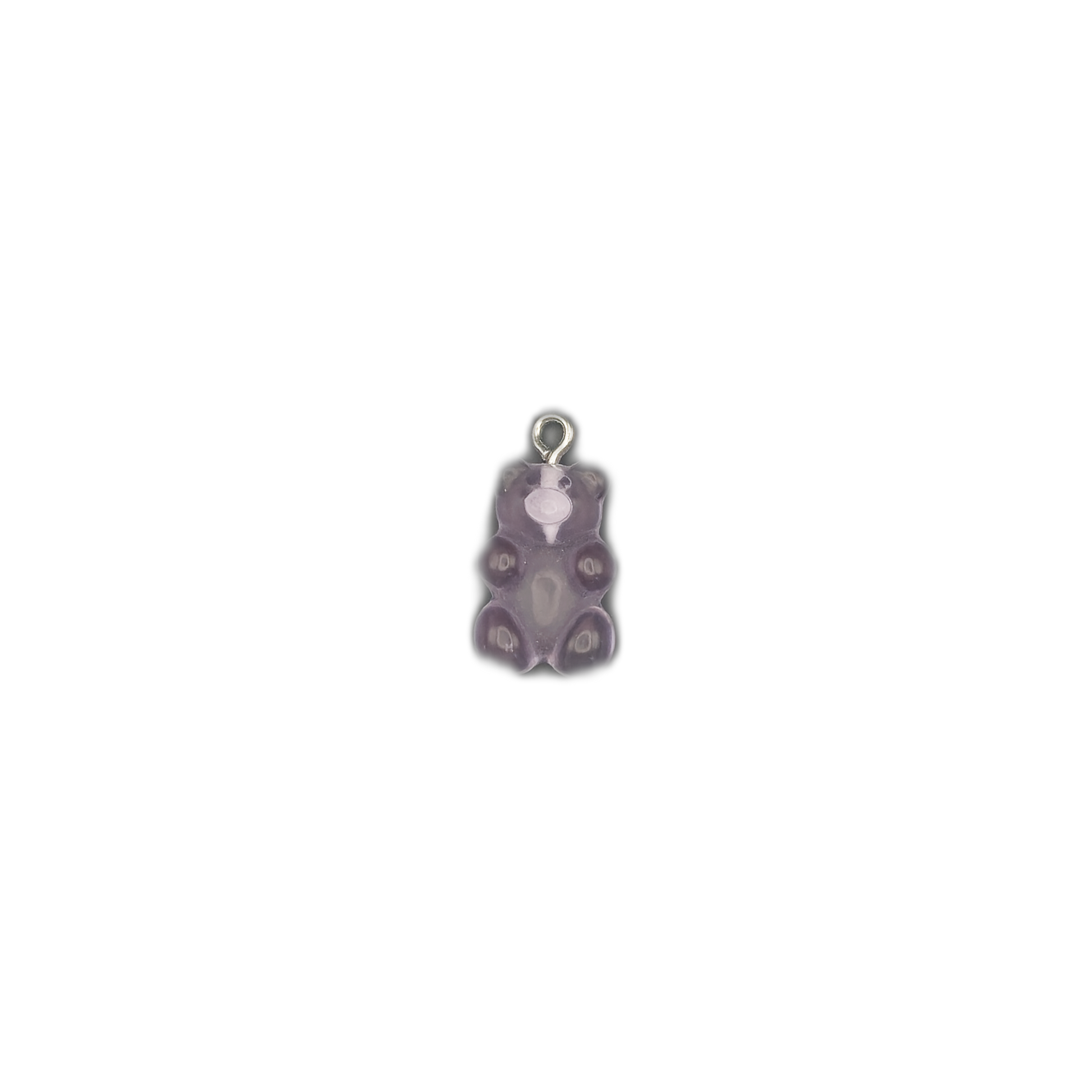 front view of purple gummy bear charm centered on black background