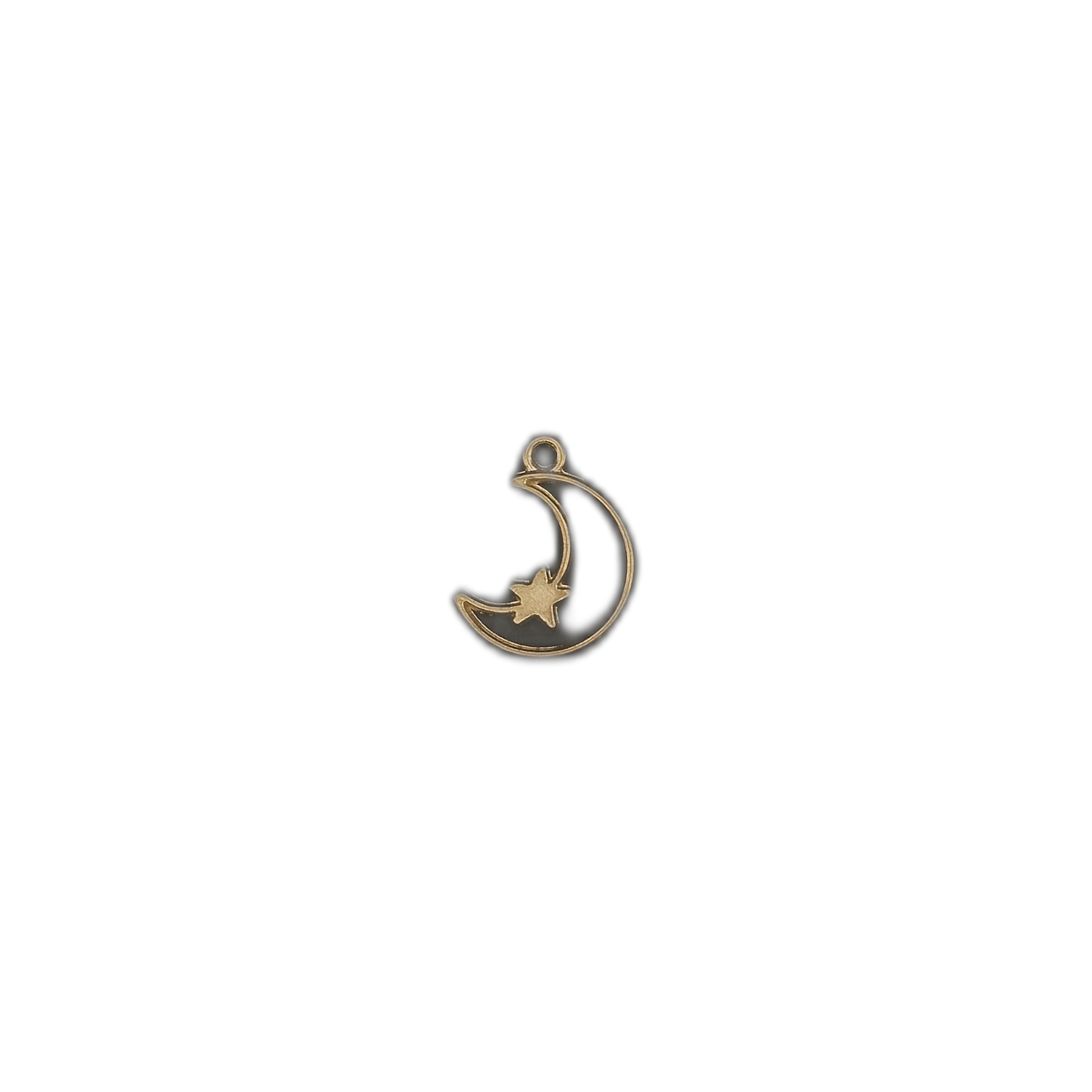 small gold-tone crescent moon and star charm centered on a black background