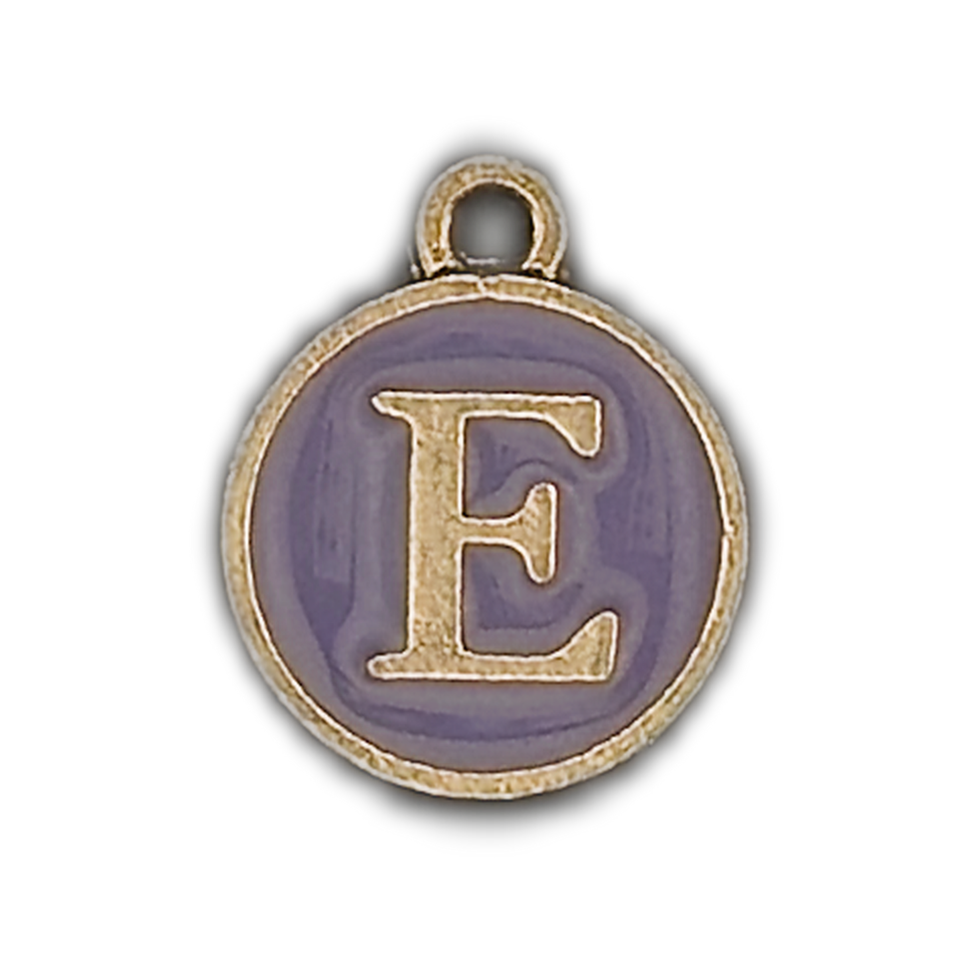 Close-up of round gold-tone charm with purple enamel and letter E.