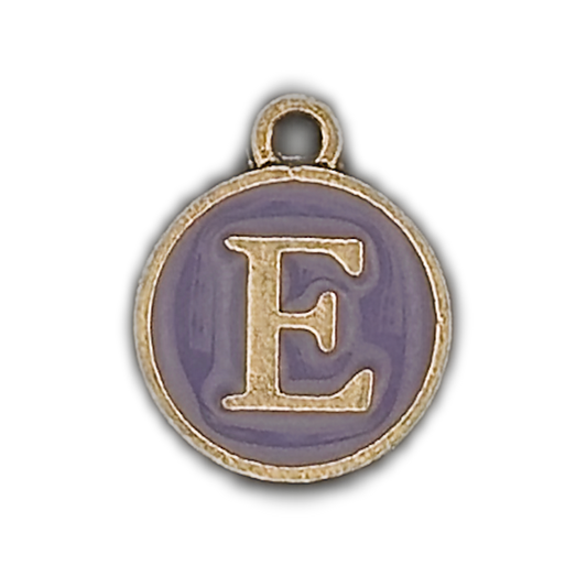 Close-up of round gold-tone charm with purple enamel and letter E.
