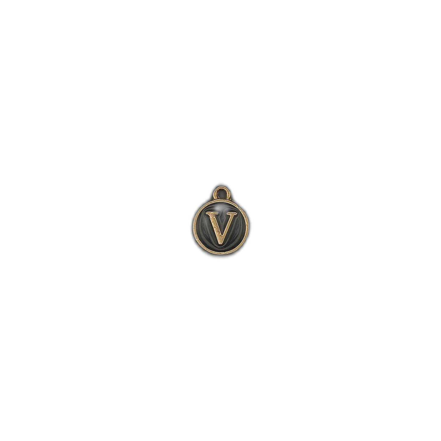 small round black-and-gold letter V charm centered on black background