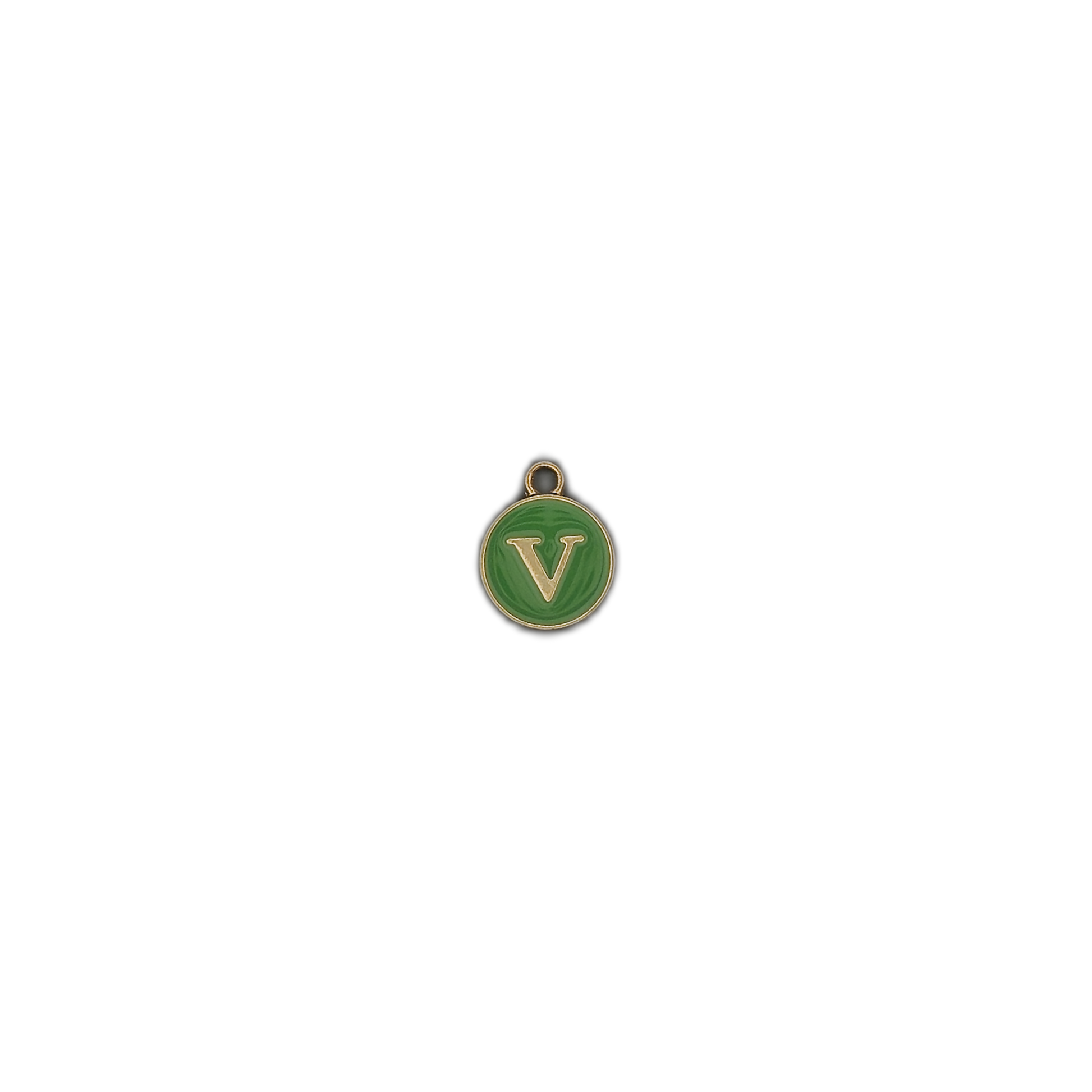small round green enamel letter V charm with gold edge centered on black background