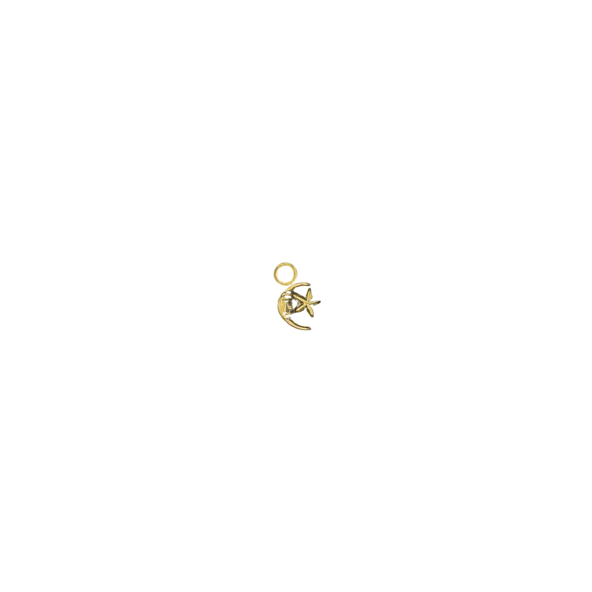 small gold crescent moon and star charm centered on black background