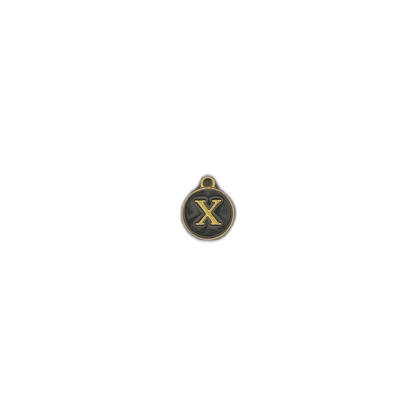 small round black charm with a gold letter X centered on a black background