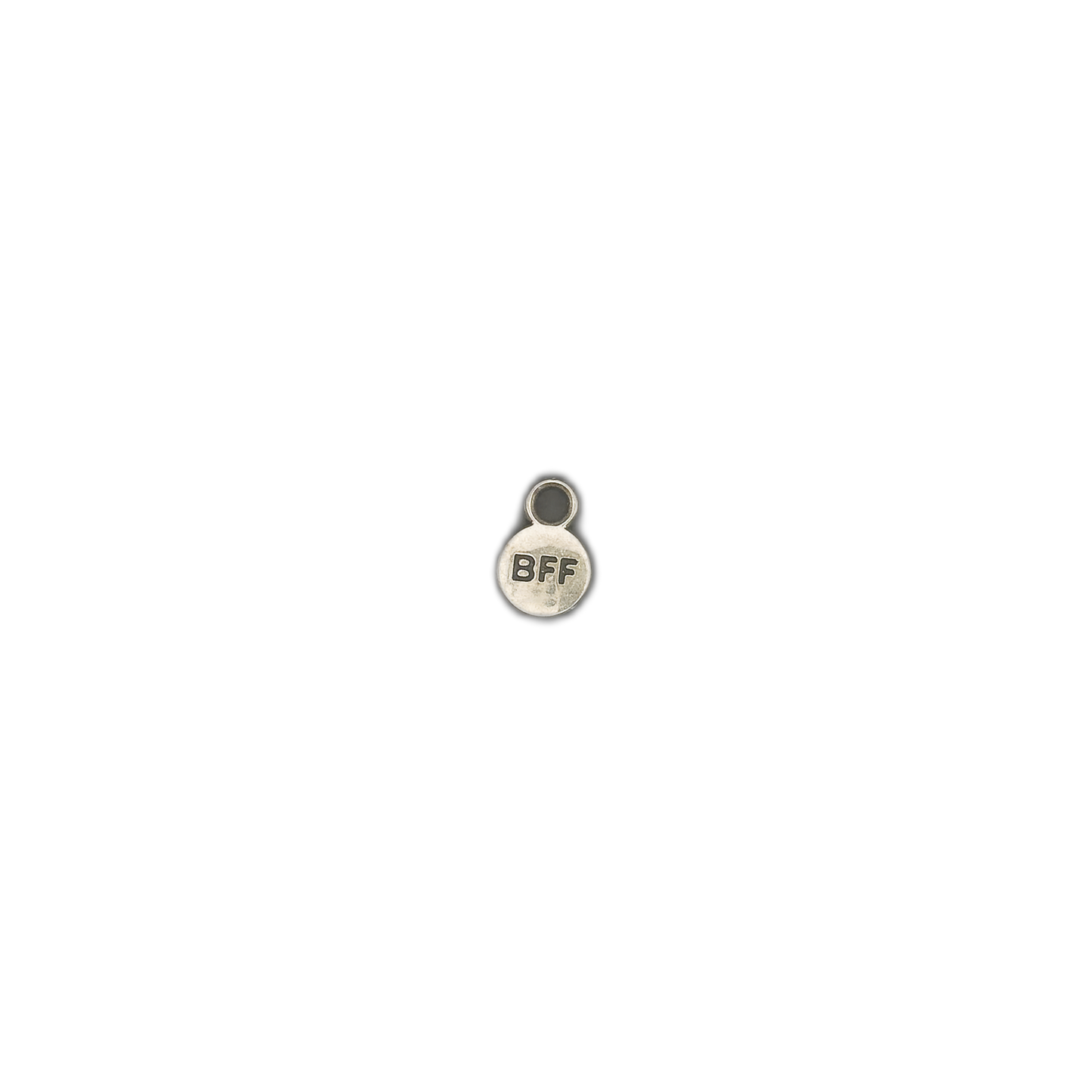 Small silver-tone 'BFF' round charm on a black background.
