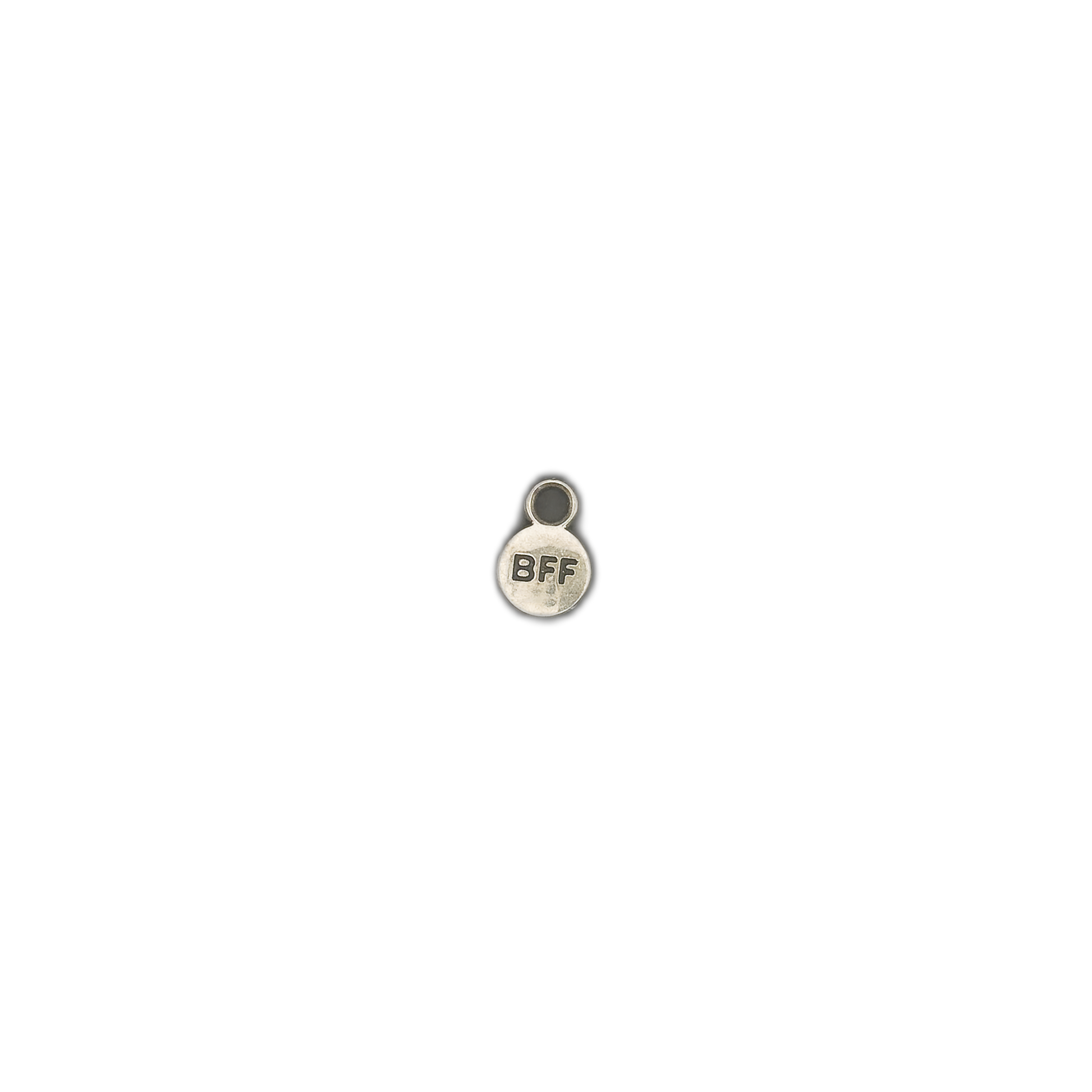 Small silver-tone 'BFF' round charm on a black background.