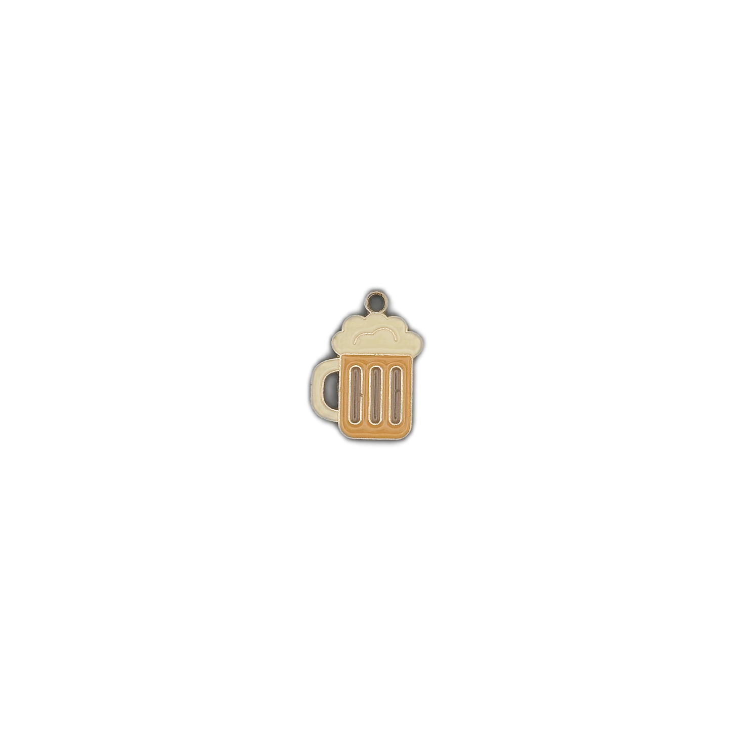 Small beer mug charm with foam centered on a black background.