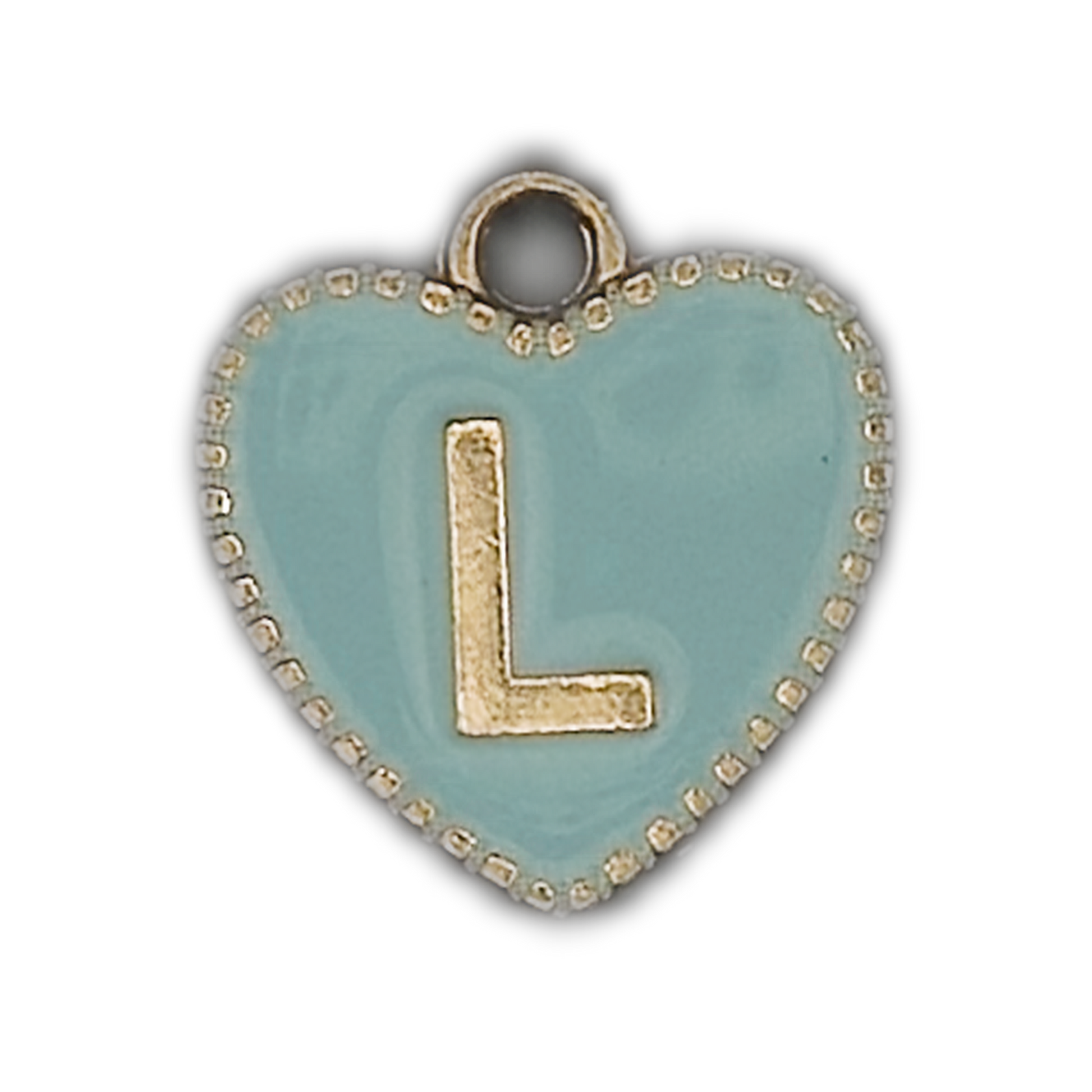 close-up of small blue heart charm with gold-tone letter L and dotted border