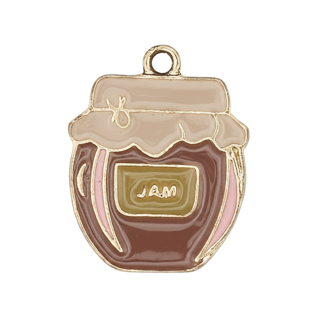 close-up enamel jam jar charm with cream lid and gold-tone outline