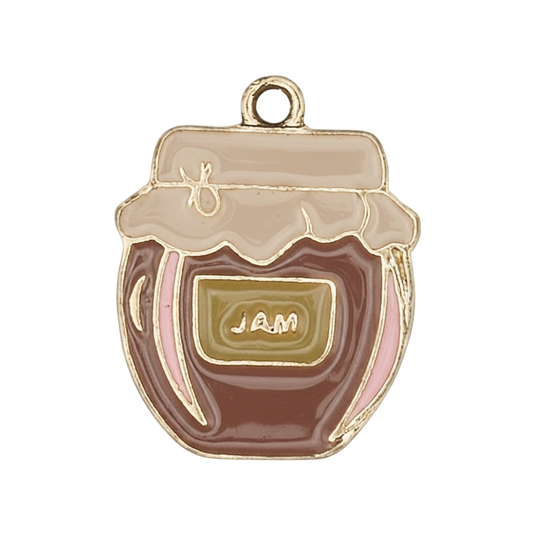 close-up enamel jam jar charm with cream lid and gold-tone outline