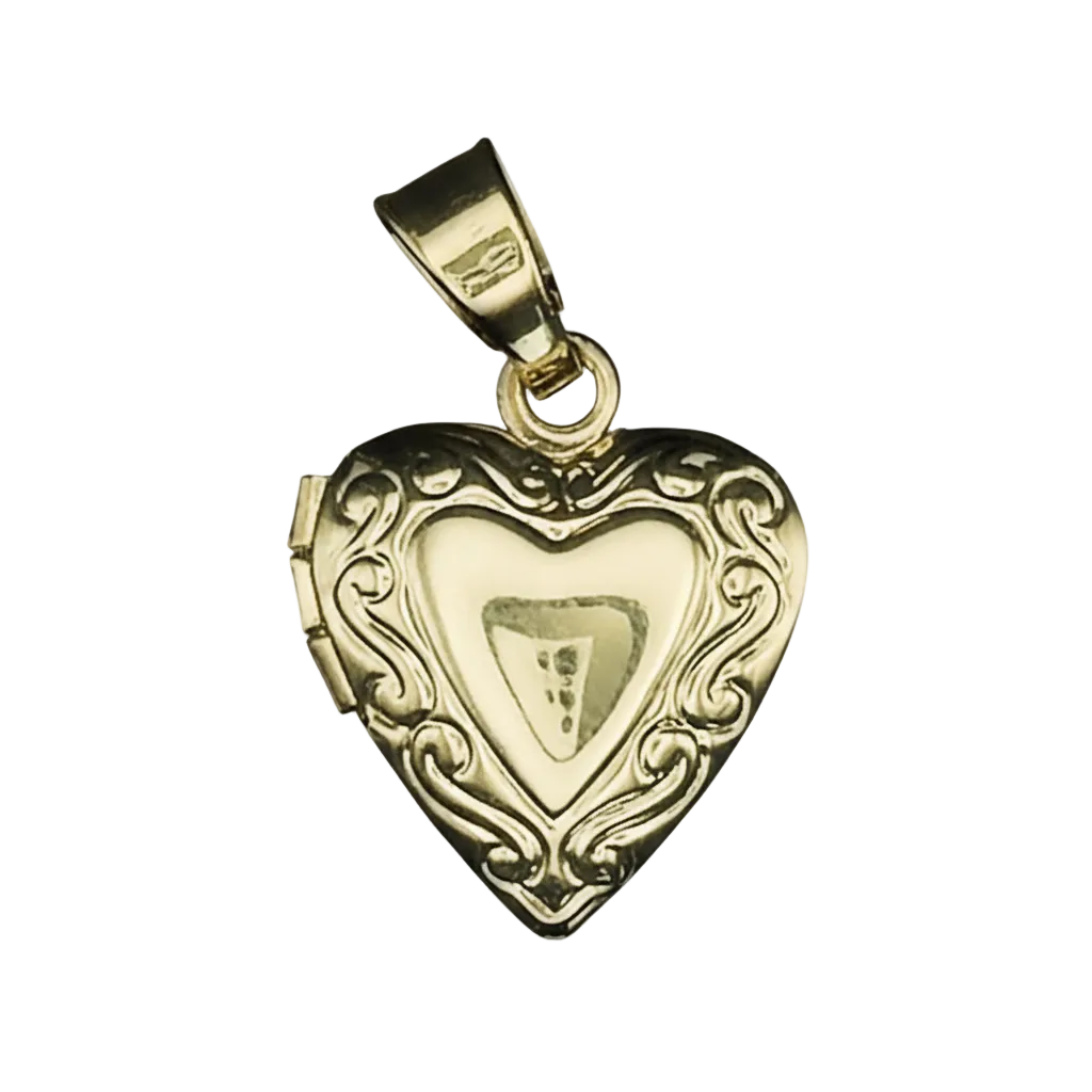 close-up of a small gold-tone heart locket charm with scrollwork on the front