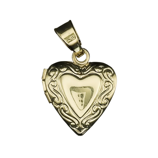 close-up of a small gold-tone heart locket charm with scrollwork on the front