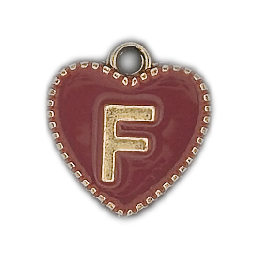 Close-up of burgundy heart charm with gold letter F.