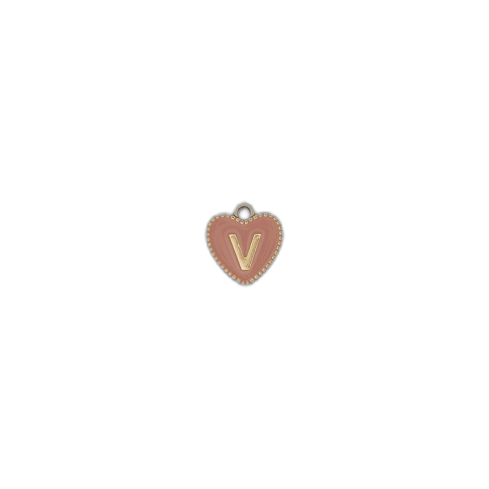 small pink heart charm with gold V on black background