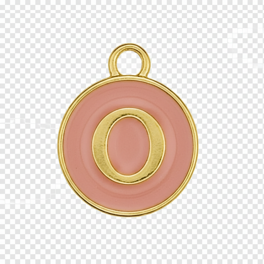 close-up of small round pink enamel letter O charm with gold-tone border