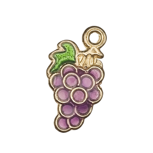 close-up of gold-tone grape cluster charm with purple enamel and green leaf