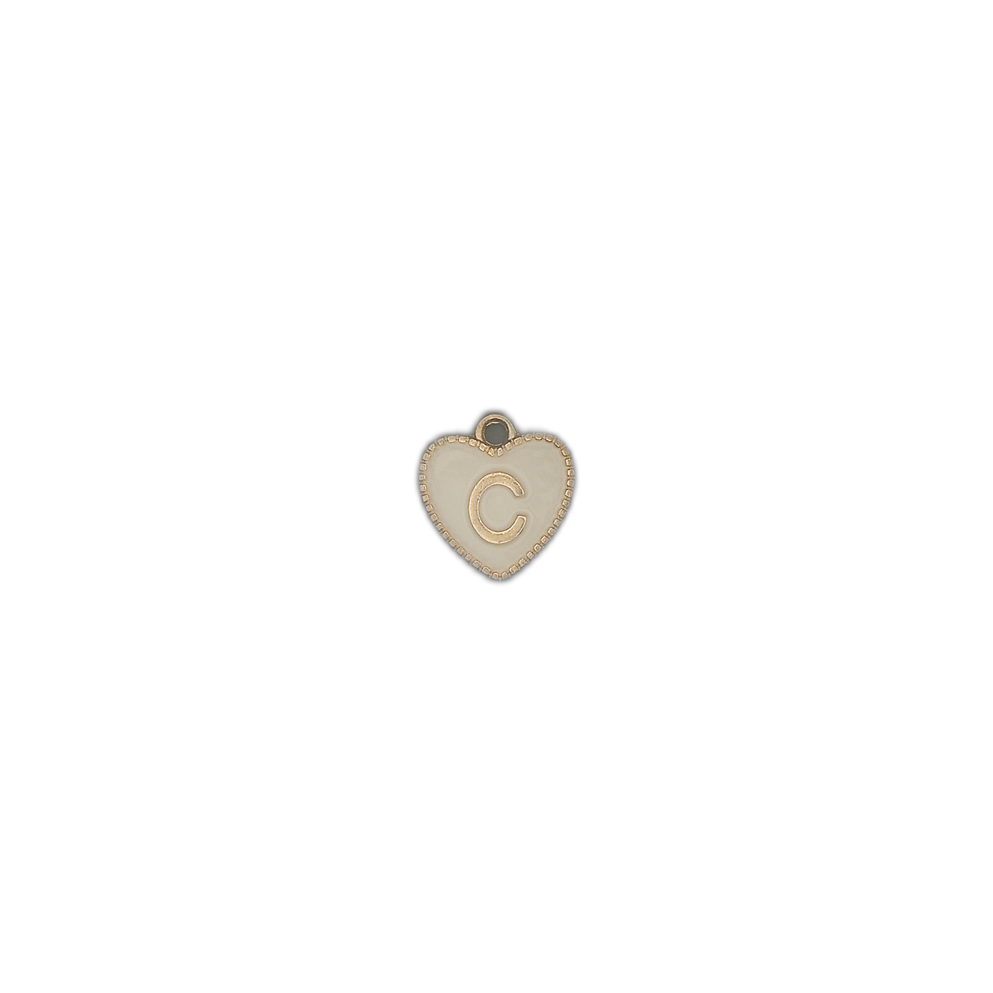 Small heart-shaped letter C charm on a black background.