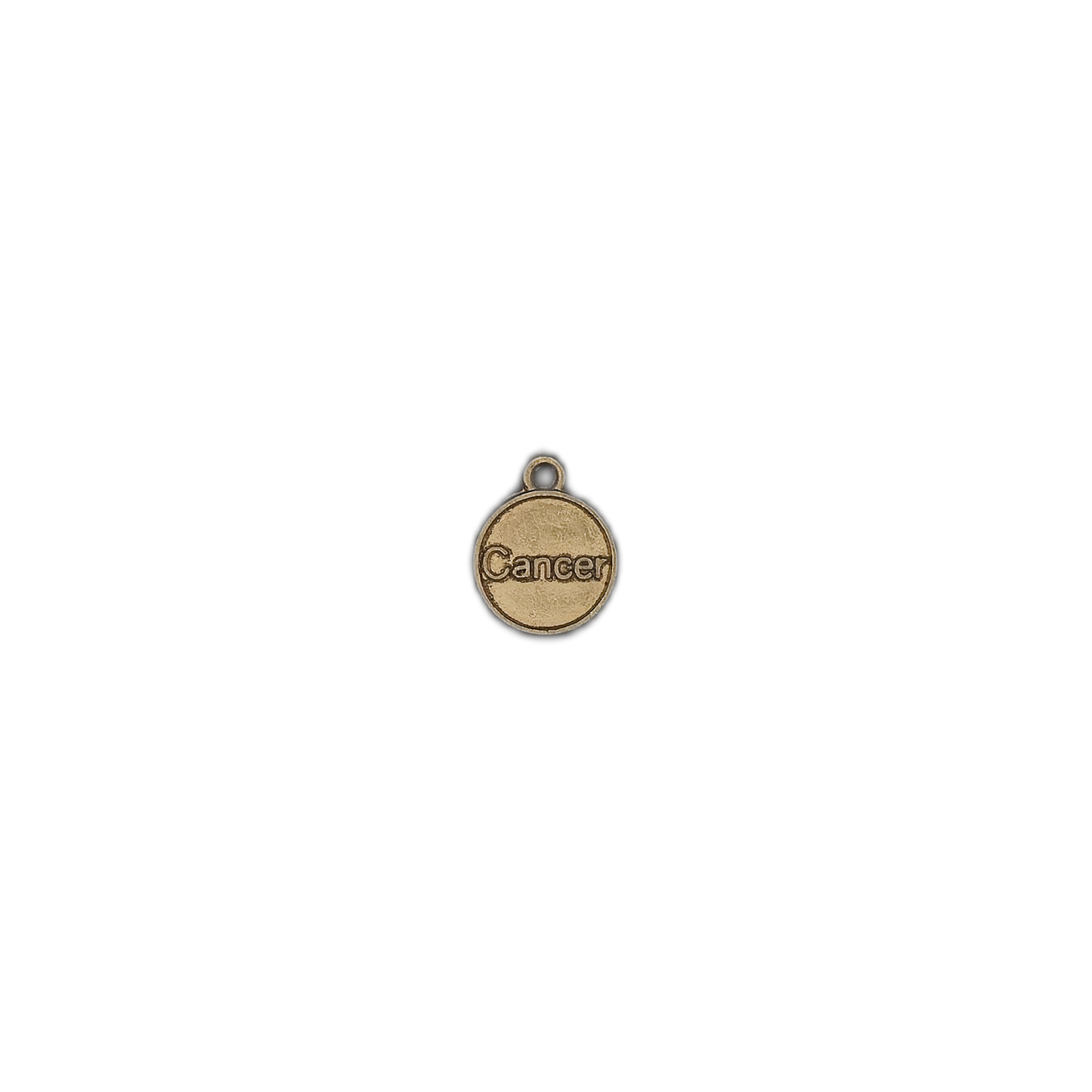 small gold round 'Cancer' charm centered on black background