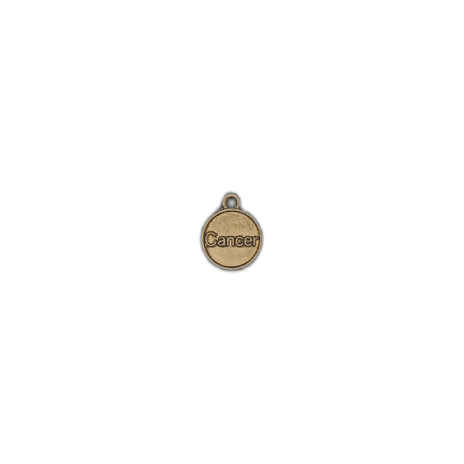 small gold round 'Cancer' charm centered on black background