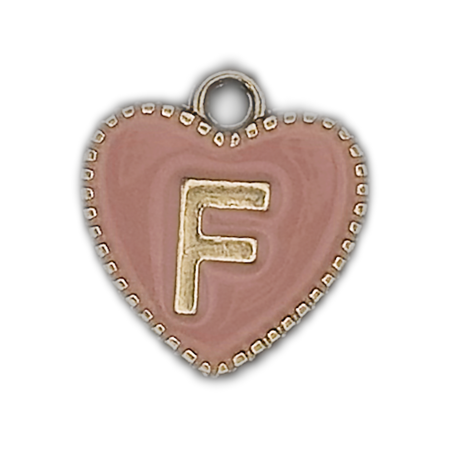close-up of pink heart charm with gold letter F