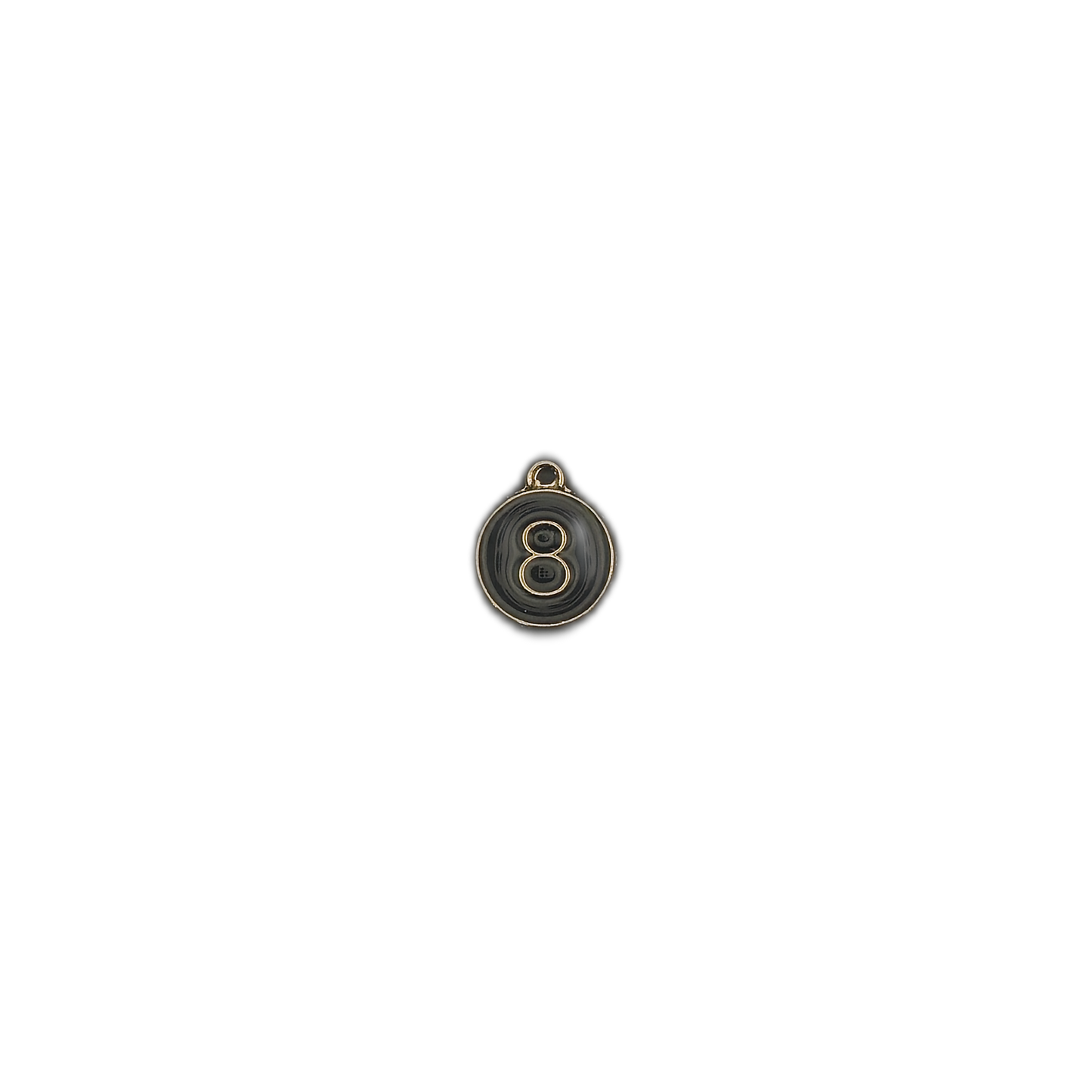 black 8-ball charm centered on black background