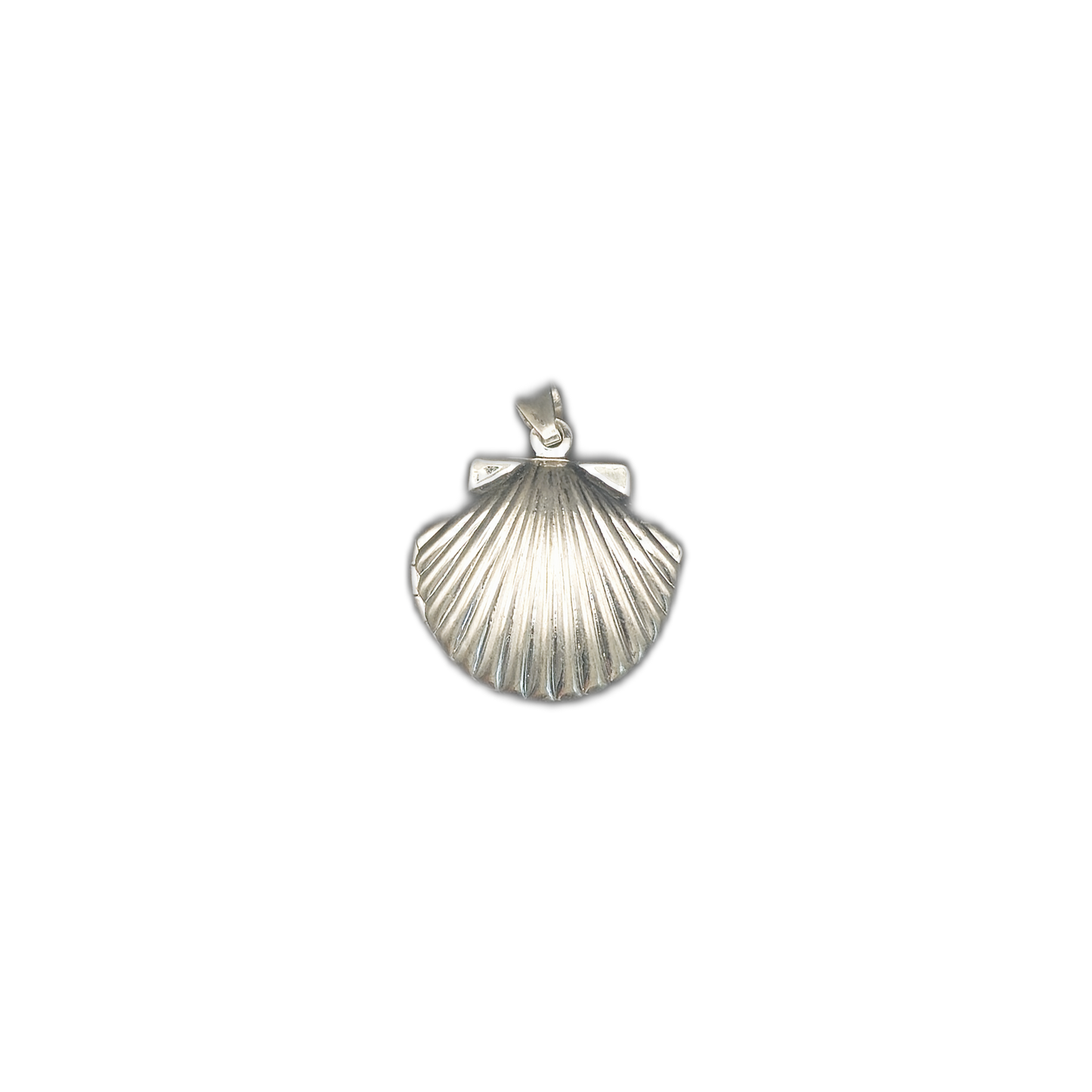silver scallop shell charm with ridged texture centered on black background