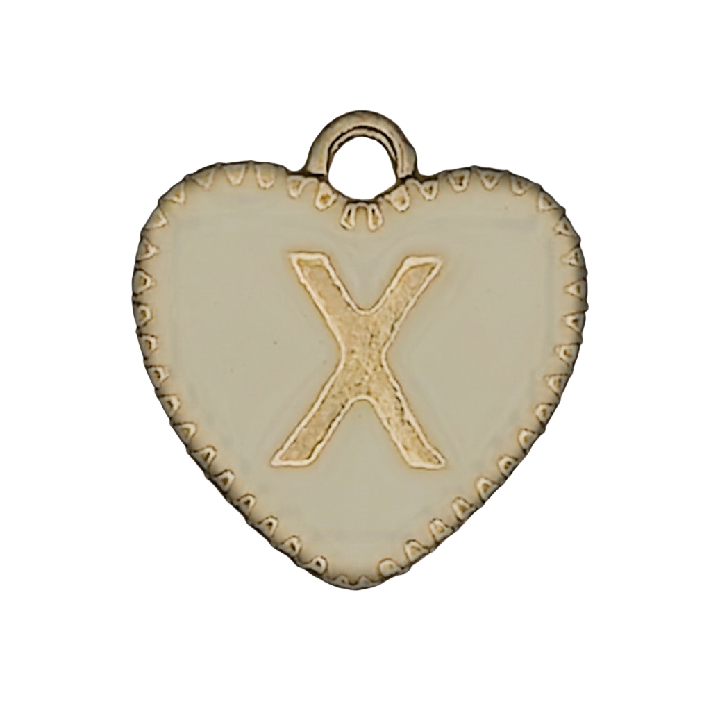close-up of a cream enamel heart charm with raised gold letter X and scalloped edge