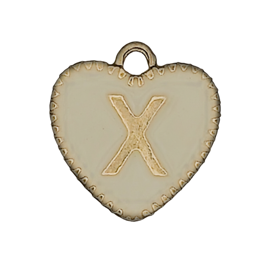 close-up of a cream enamel heart charm with raised gold letter X and scalloped edge
