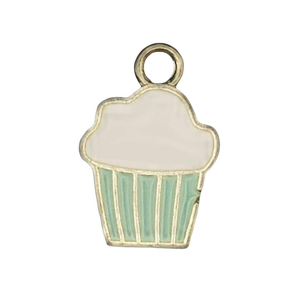 close-up of gold-tone enamel cupcake charm with white frosting and mint green wrapper