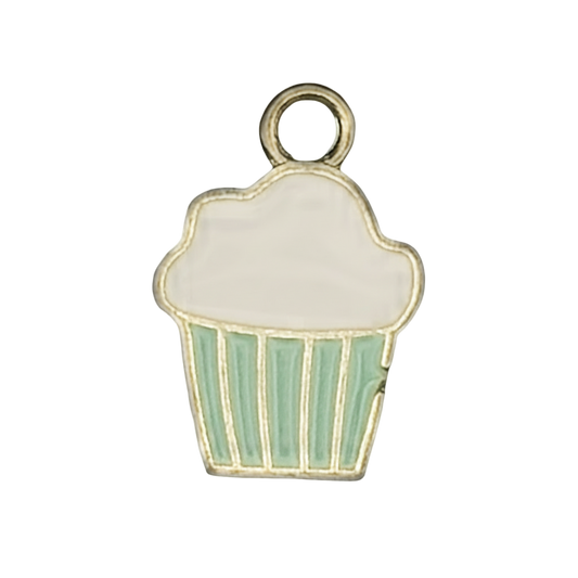 close-up of gold-tone enamel cupcake charm with white frosting and mint green wrapper