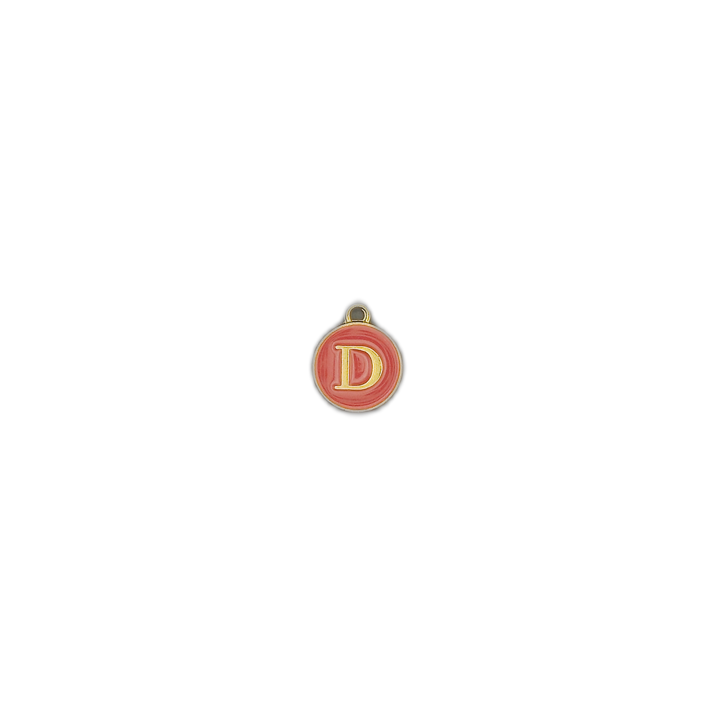 small round pink letter D charm on black background