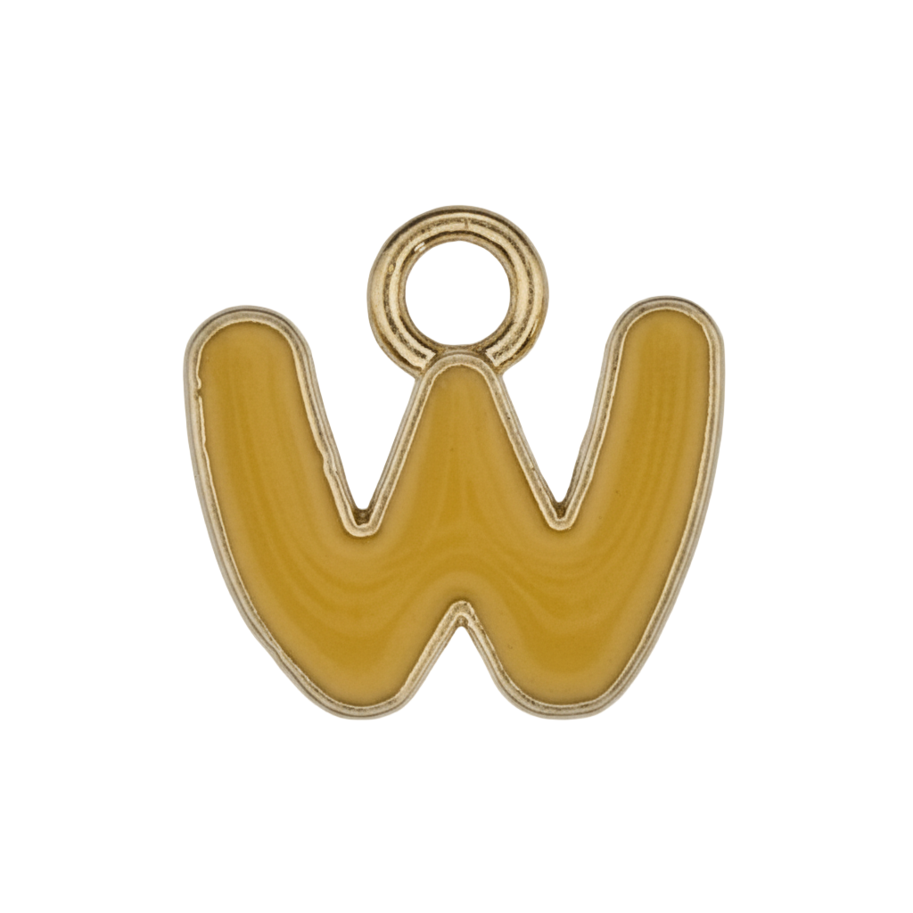 close-up of a yellow enamel letter W charm with gold-tone outline on a black background