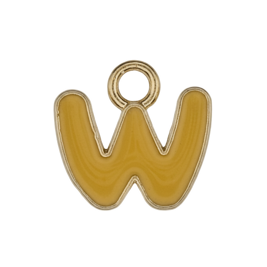 close-up of a yellow enamel letter W charm with gold-tone outline on a black background