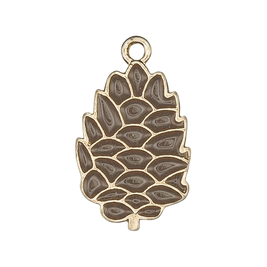 close-up of gold-tone pine cone charm with brown enamel on black background