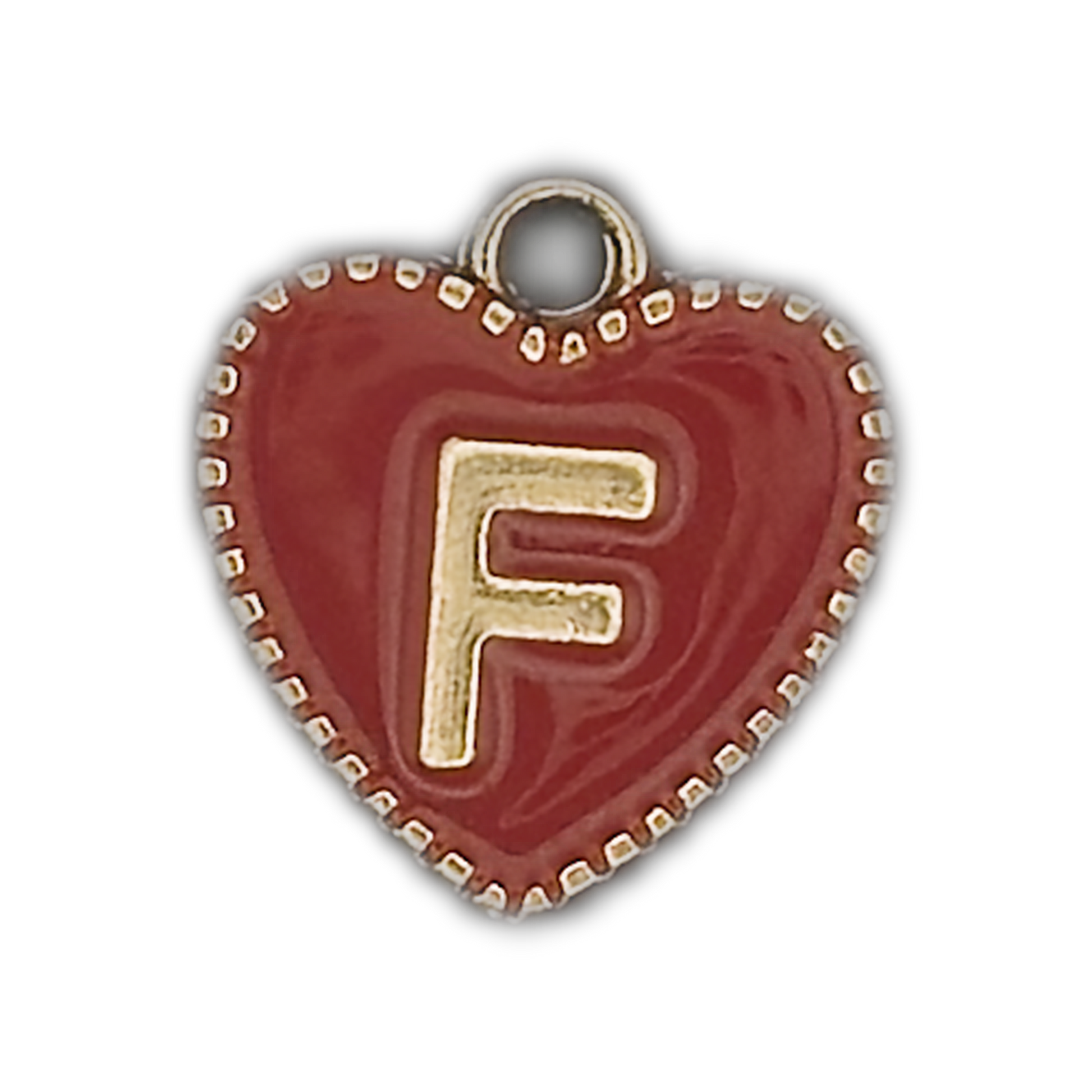 Close-up of red heart charm with gold letter F.