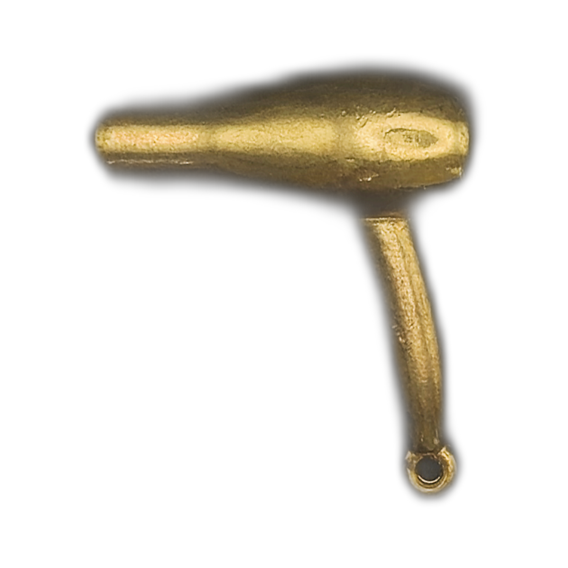 close-up of a gold-tone hair dryer charm on a black background
