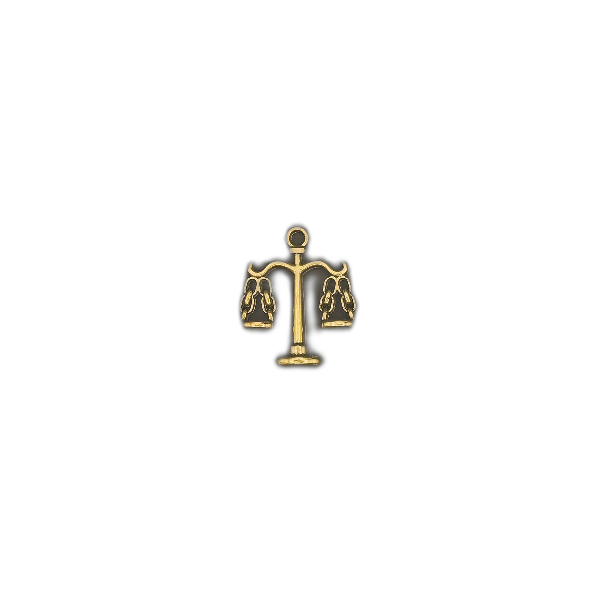 gold scales charm with two hanging pans on a central post