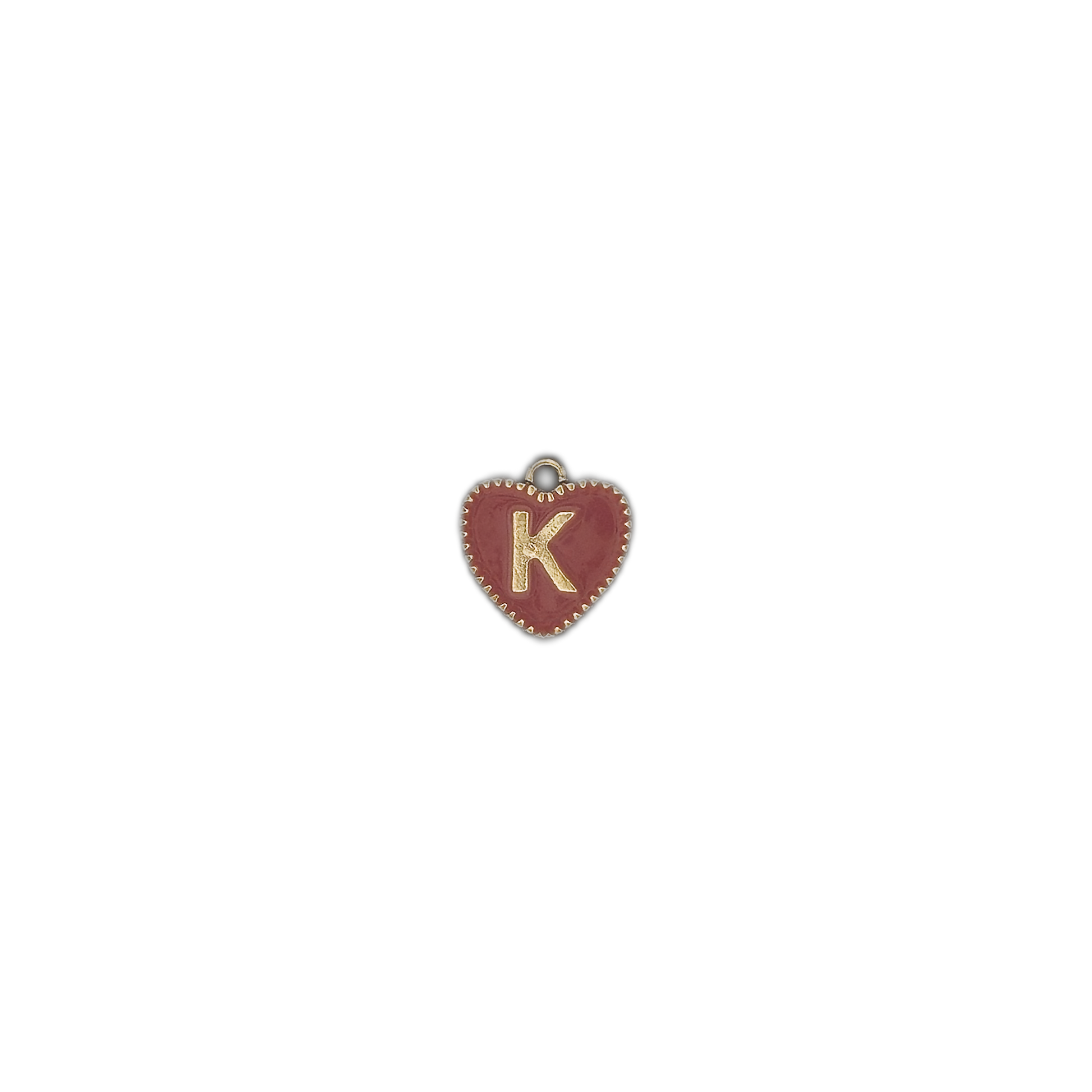 Small red heart charm with a gold K centered on a black background.
