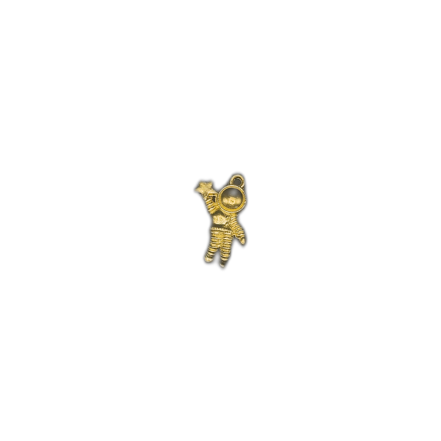 gold astronaut holding a star charm centered on black background