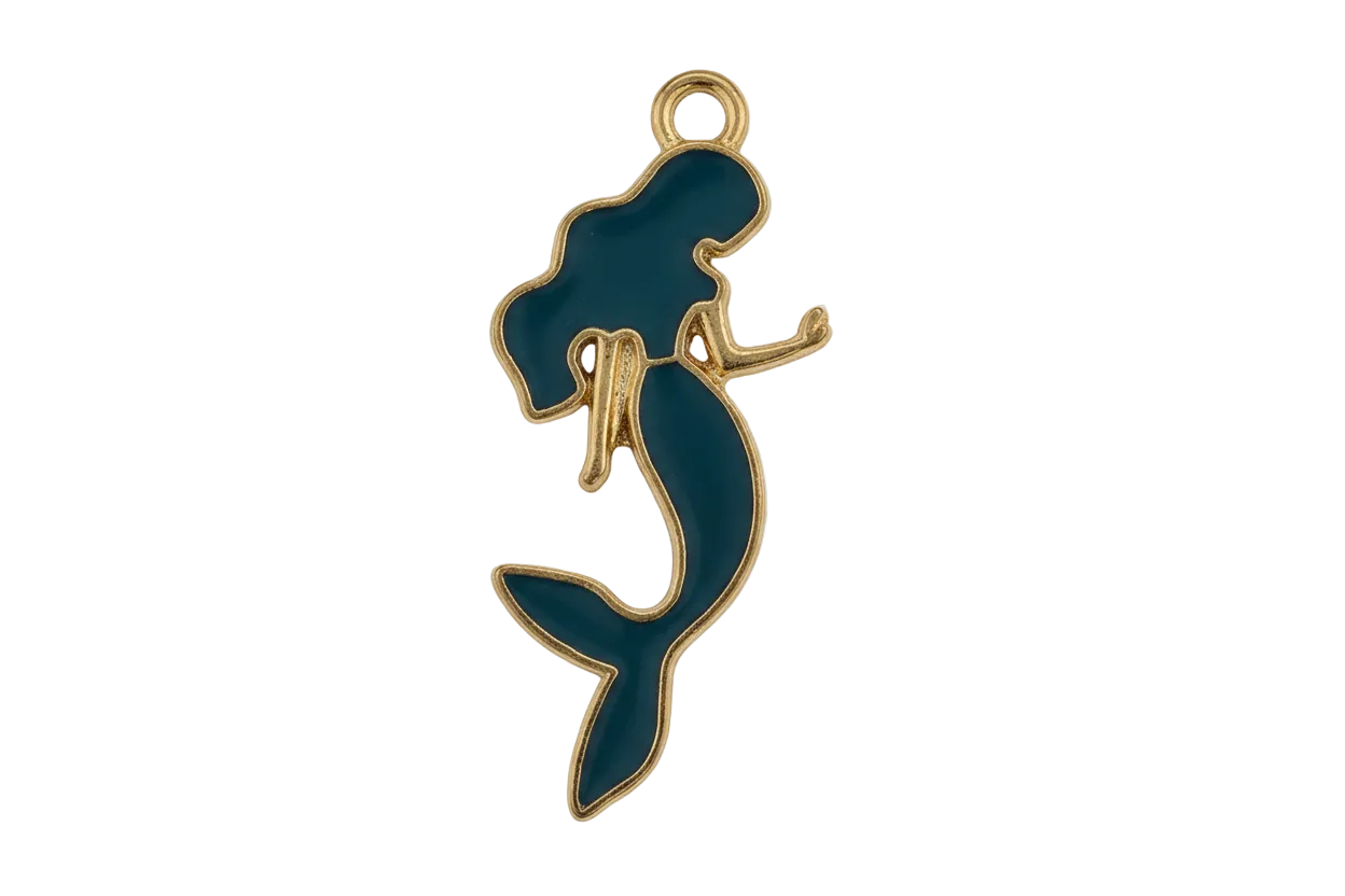 close-up of blue enamel mermaid charm with gold outline on black background