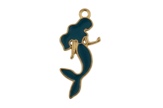 close-up of blue enamel mermaid charm with gold outline on black background